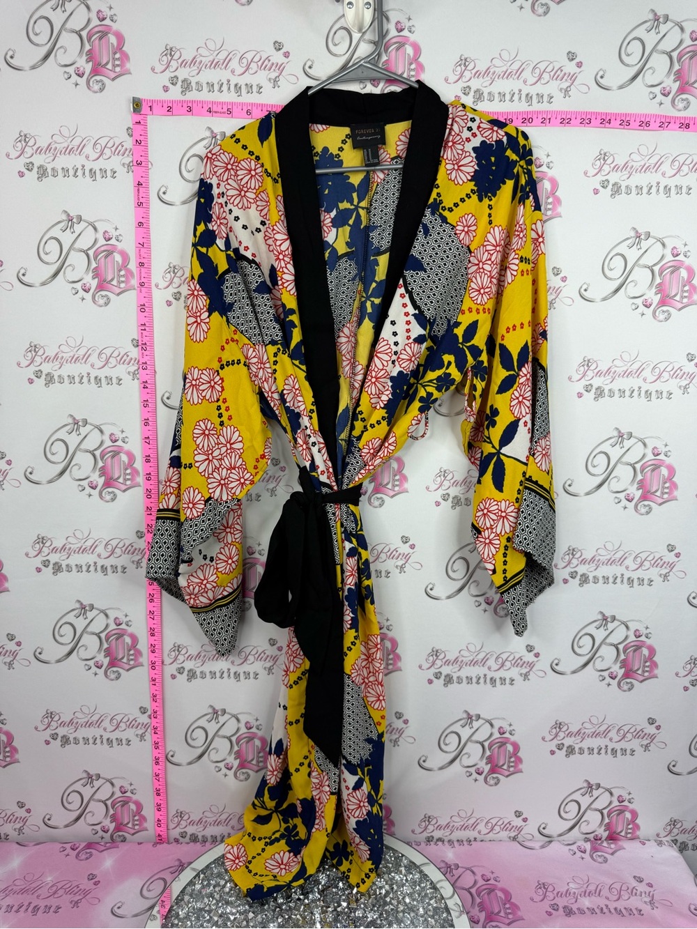 Forever 21 cardigan Yellow Floral Kimono Robe with Black Trim